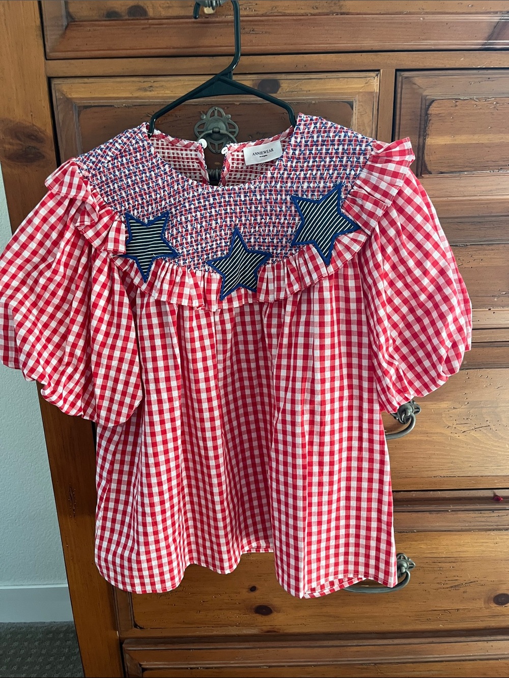 Anniewear Red And White Gingham With Embroidered Stars Size Small NWOT